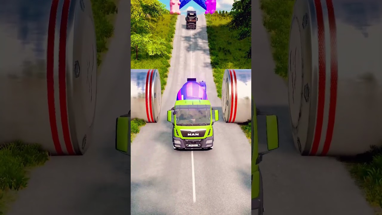 Trucks & Van Vs School Bus Vs Giant Pit Bollards - BeamNG drive #shorts  #beamngdrive