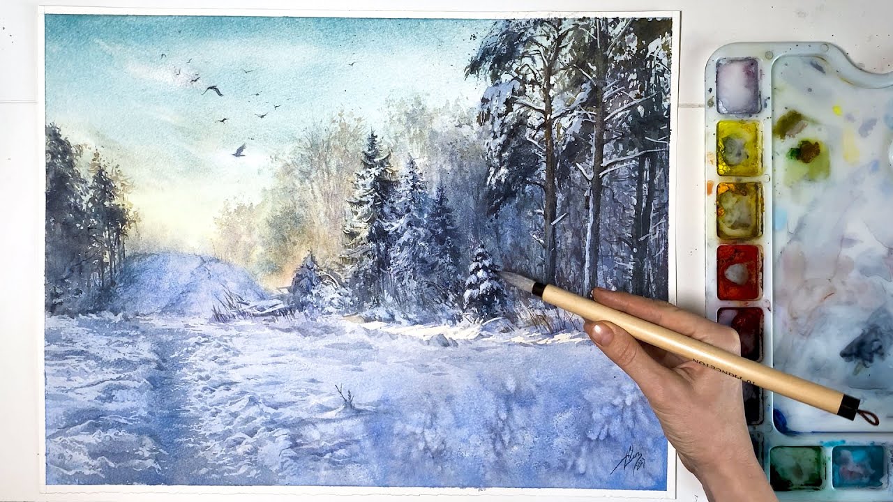 WATERCOLOR PAINTING| Winter forest scene. How to paint winter trees