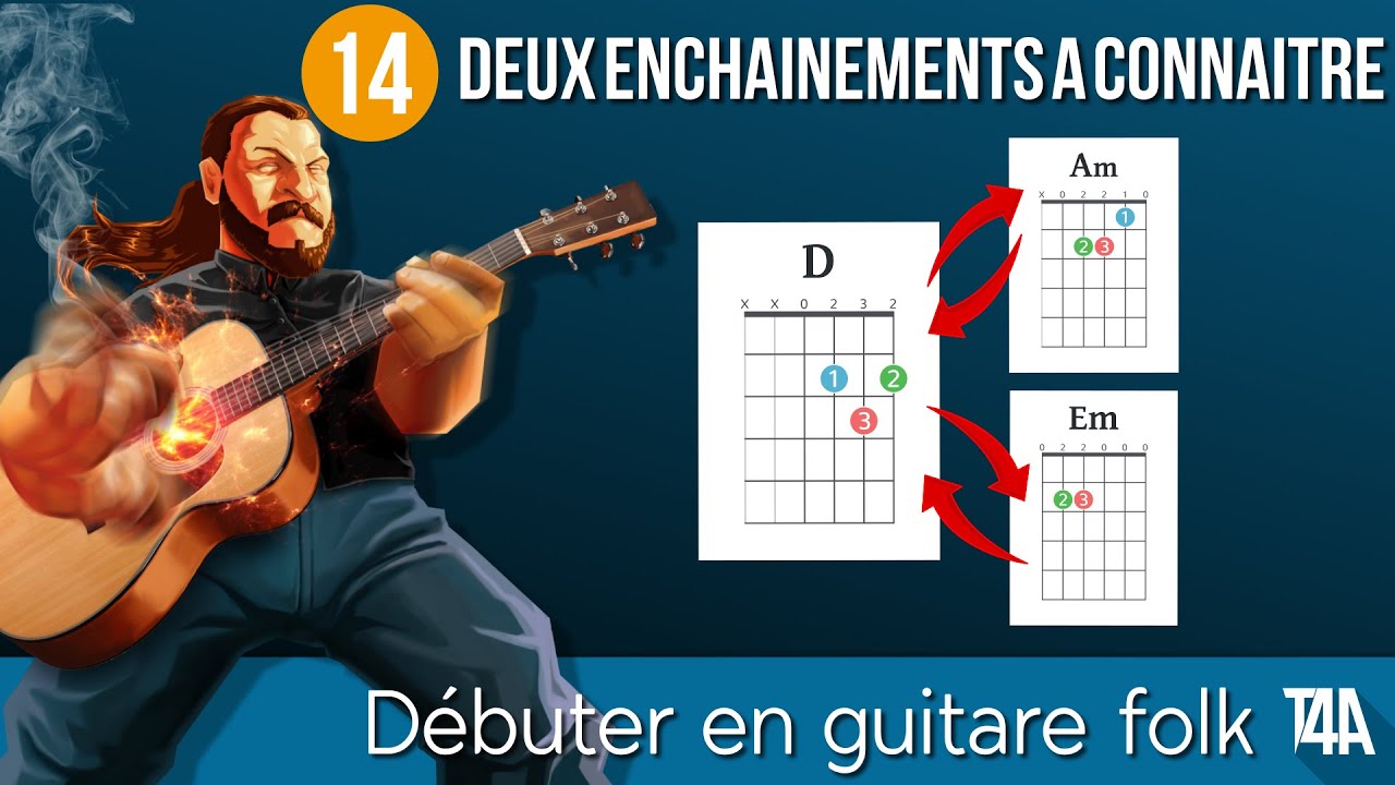 Les enchainements D/Am et D/Em - Débuter en guitare folk - Cours nº14