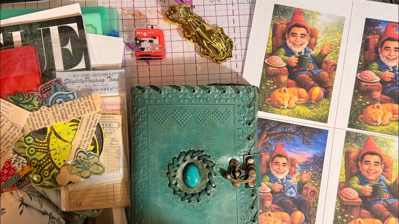 Starting a Collage Spread About A Gnome Telling Tales 🧌🍄‍🟫🌼🌜🟣🟢🔵⚫️