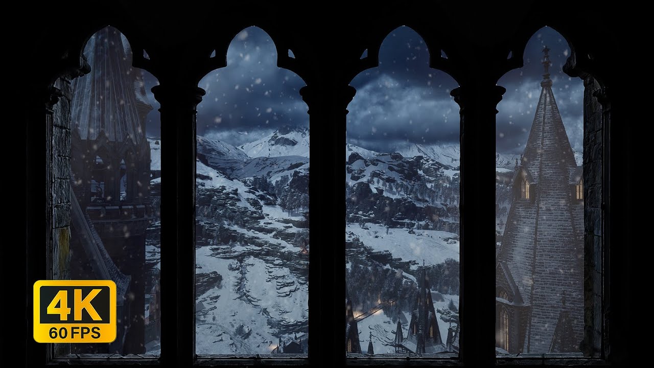 4K Harry Potter winter window view at night - snow & wind sounds for sleep & study