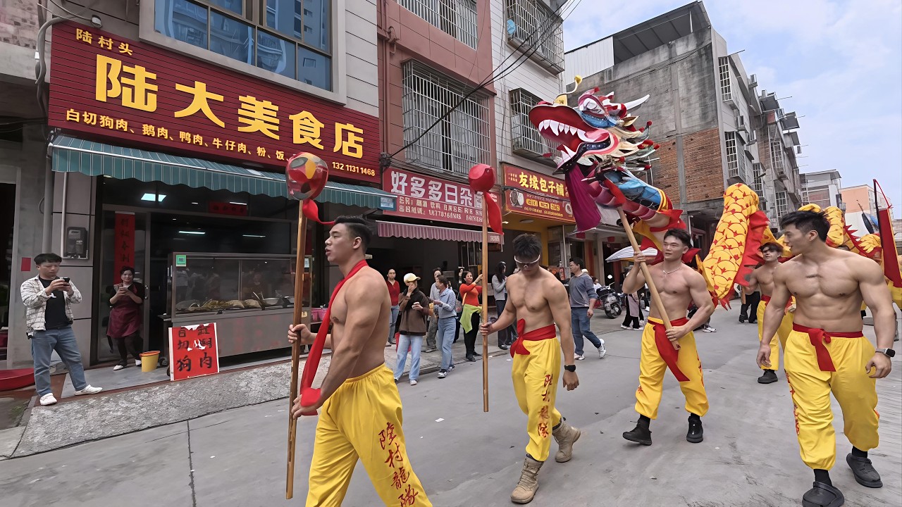 Muscular handsome men during Chinese New Year folk activities