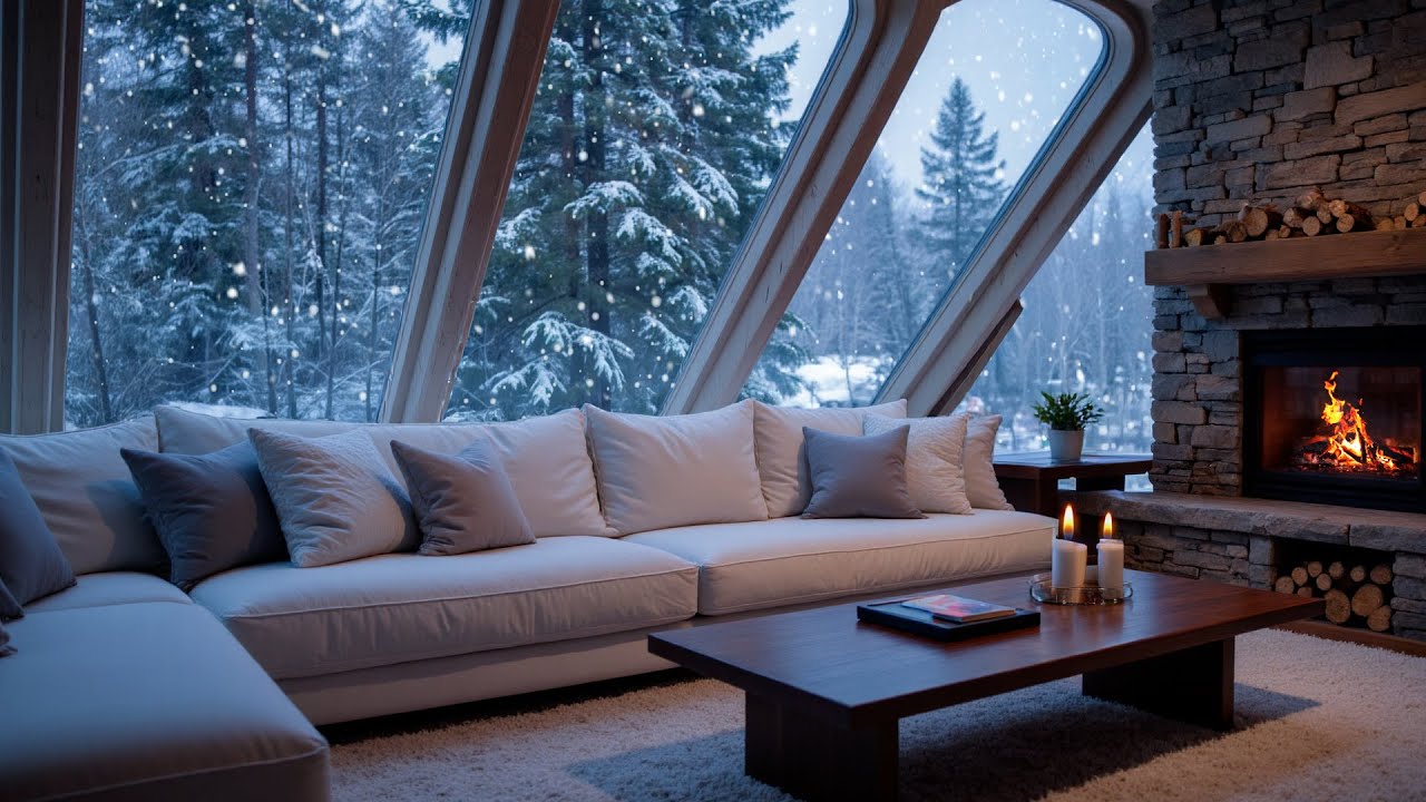 Peaceful Winter Piano in a Minimal White Room ❄️🎹 | Snowy Night Window and Fireplace Sounds