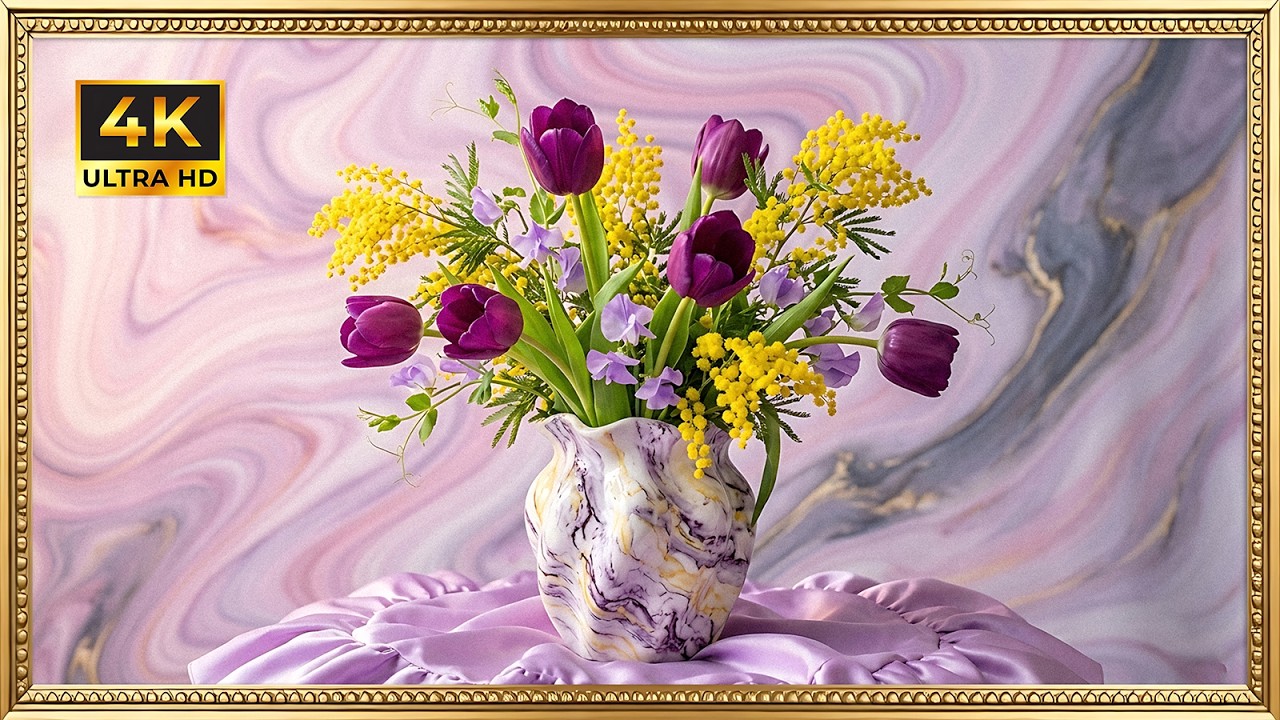 Elegant Purple Tulips & Mimosa | Gold Framed 4K Art Screensaver | Pastel Marble Floral TV Wallpaper