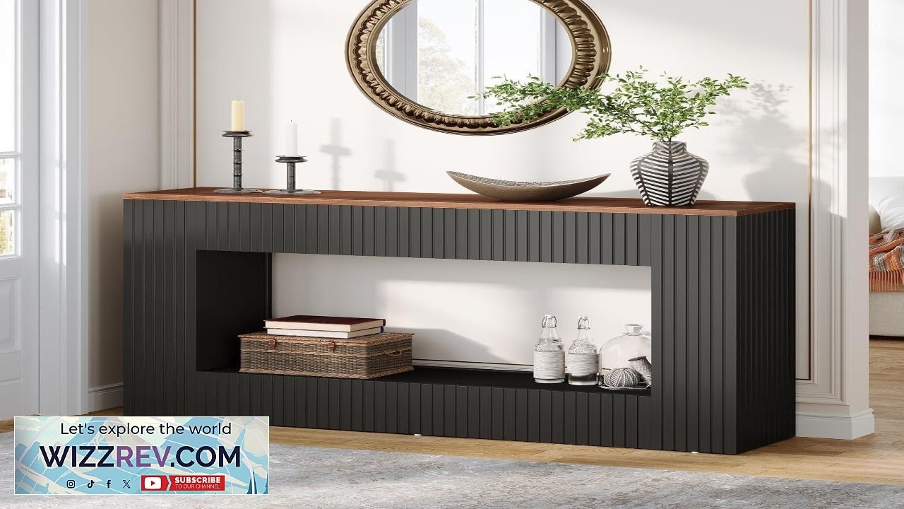 Modern Fluted Console Table with Storage Shelf Black Wood with Natural Top