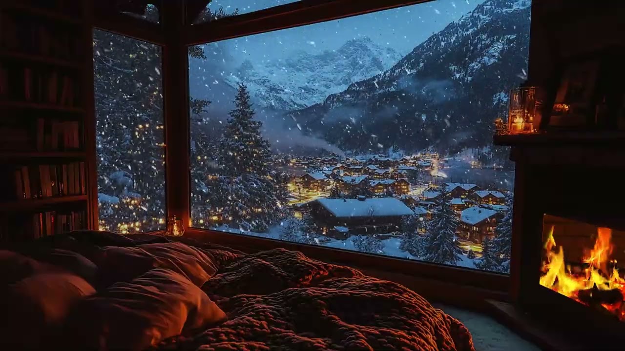 Snowy Night Comfort: Cozy Fireplace and Soft Blizzard Ambience for Relaxing Meditation & Deep Sleep
