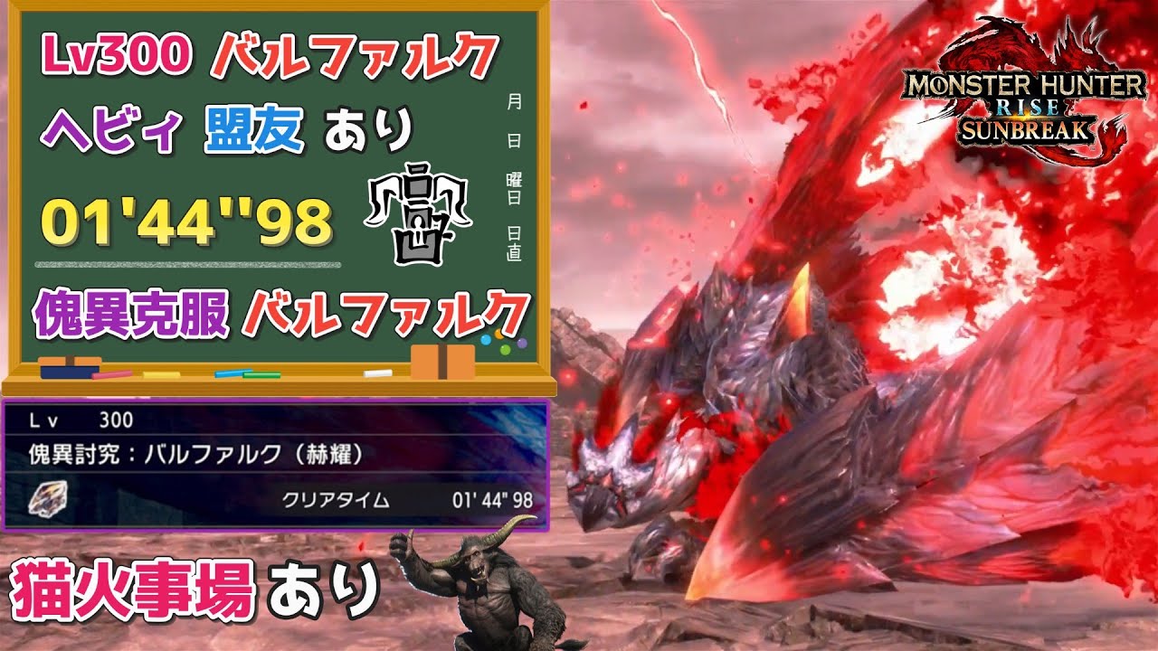 【MHR:SB】傀異討究:Lv300傀異克服バルファルク　01'44''98　ヘビィボウガン　猫火事場、環境生物、盟友あり【ps5版】