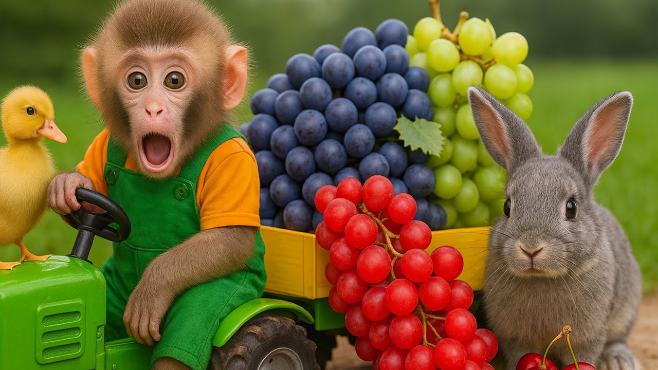 Mono CoCo baby disfruta de uvas coloridas en el jardín con el patito y el conejo! | MONO COCO ESP