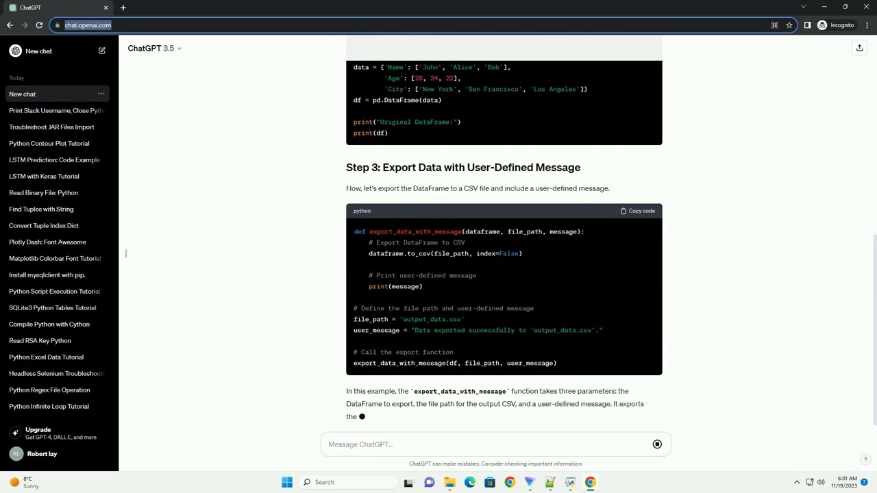 how to export data from python pandas with user defined message