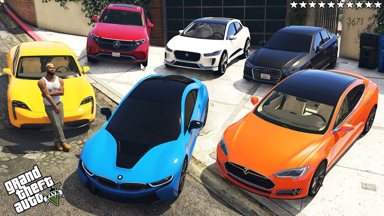 GTA 5 - Stealing Luxury ELECTRIC CARS with Franklin! (Real Life Cars #114)