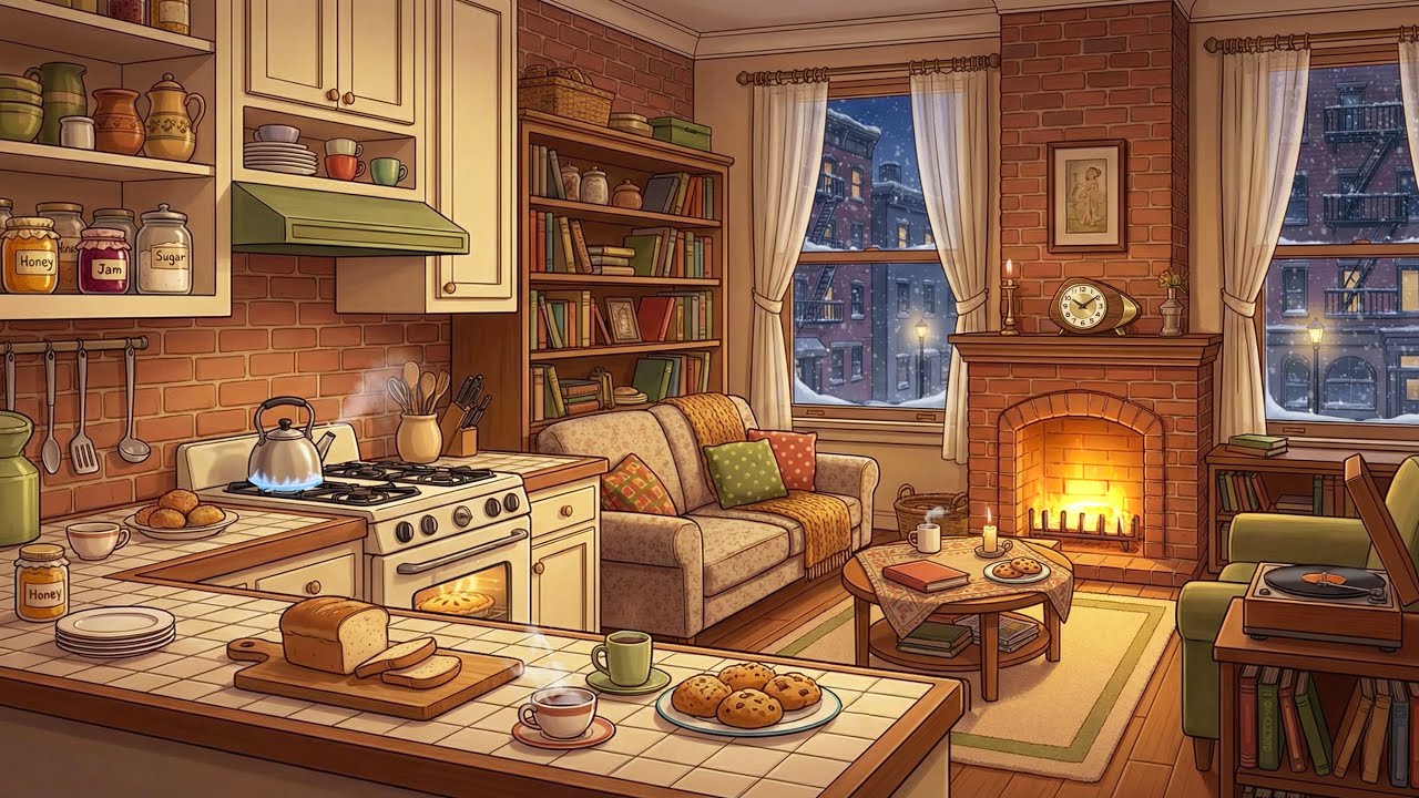1950s New York Apartment ❄️ Cozy Vintage Jazz & Fireplace at Night