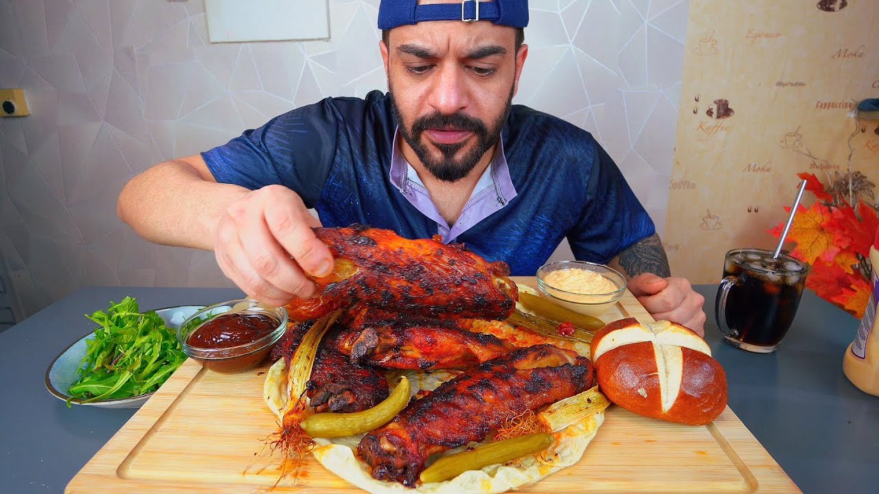 اجنحة ديك رومي مدخنة - اكل موكبانغ Smoked Turkey Wings Mukbang Eating Show