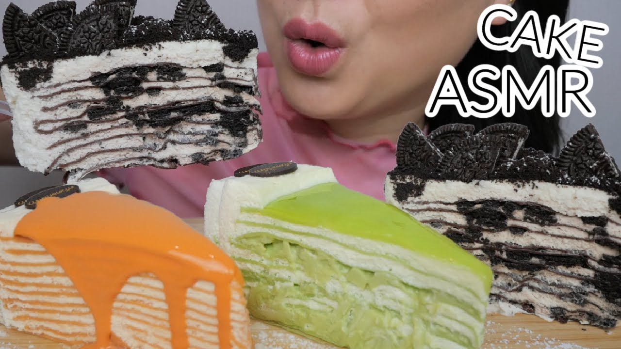 CREPE Cakes *Thai Tea, Green Pandan and Oreo Cookie crepe ASMR Relaxing Soft Eating Sounds | N.E