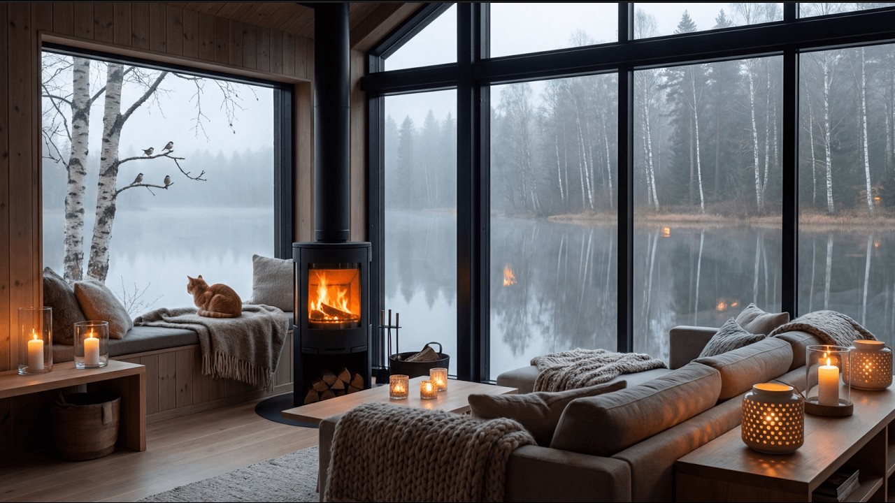 Cozy Lake Cabin Ambience | Fireplace, Fog & Sleeping Cat | 4K 2 Hours