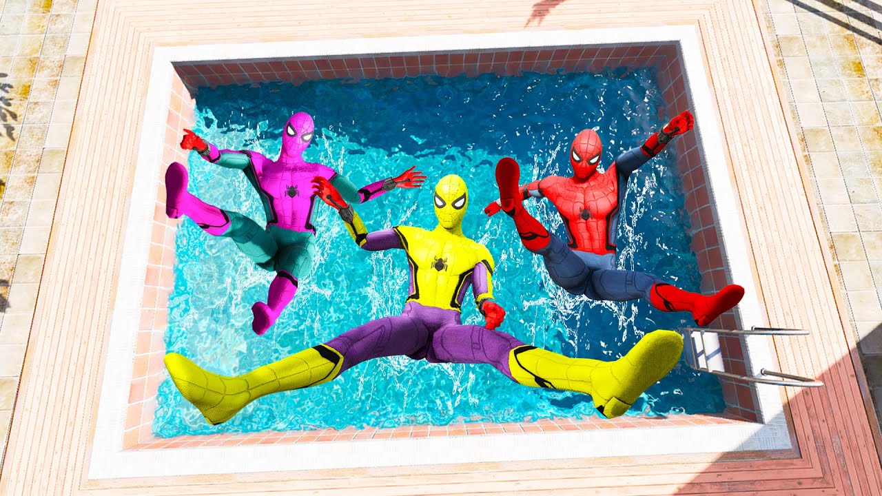 GTA 5 Rainbow Pink Vs Yellow & Red  Spiderman Jumping Into Pool (Euphoria Physics/Ragdolls) #1