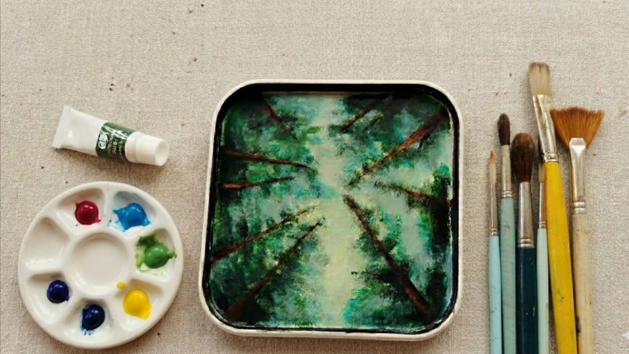 Let's paint on a ice cream tub lid - Acrylic Painting Lost in Woods
