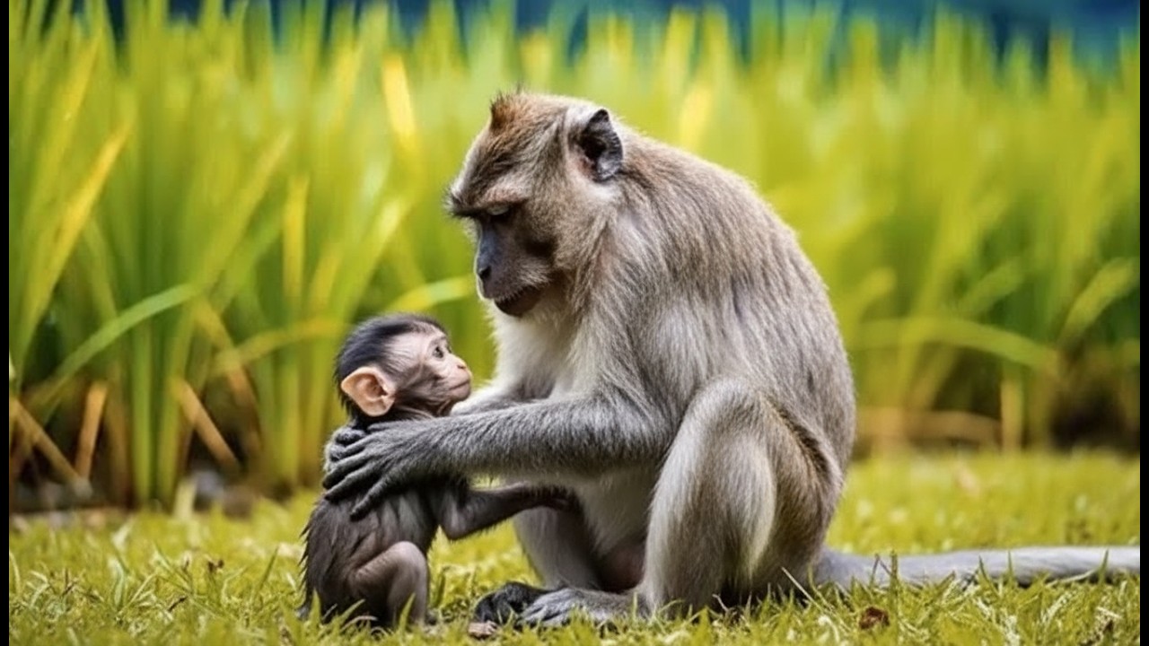 baby monkey try hard to catch big lobster and cry loudly call mother monkey help