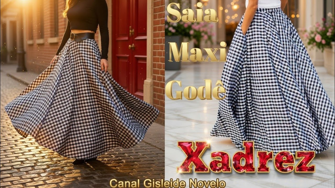 DIY Como fazer Saia Godê Xadrez com bolso_Costura fácil passo a passo para iniciante Gisleide Novelo
