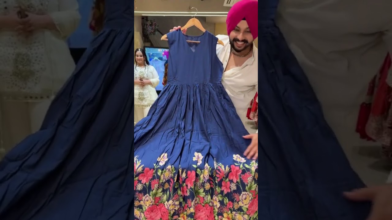 Dark Blue Pure Cotton Full Flair Indowestern Dress with stylish Embroidered Short jacket