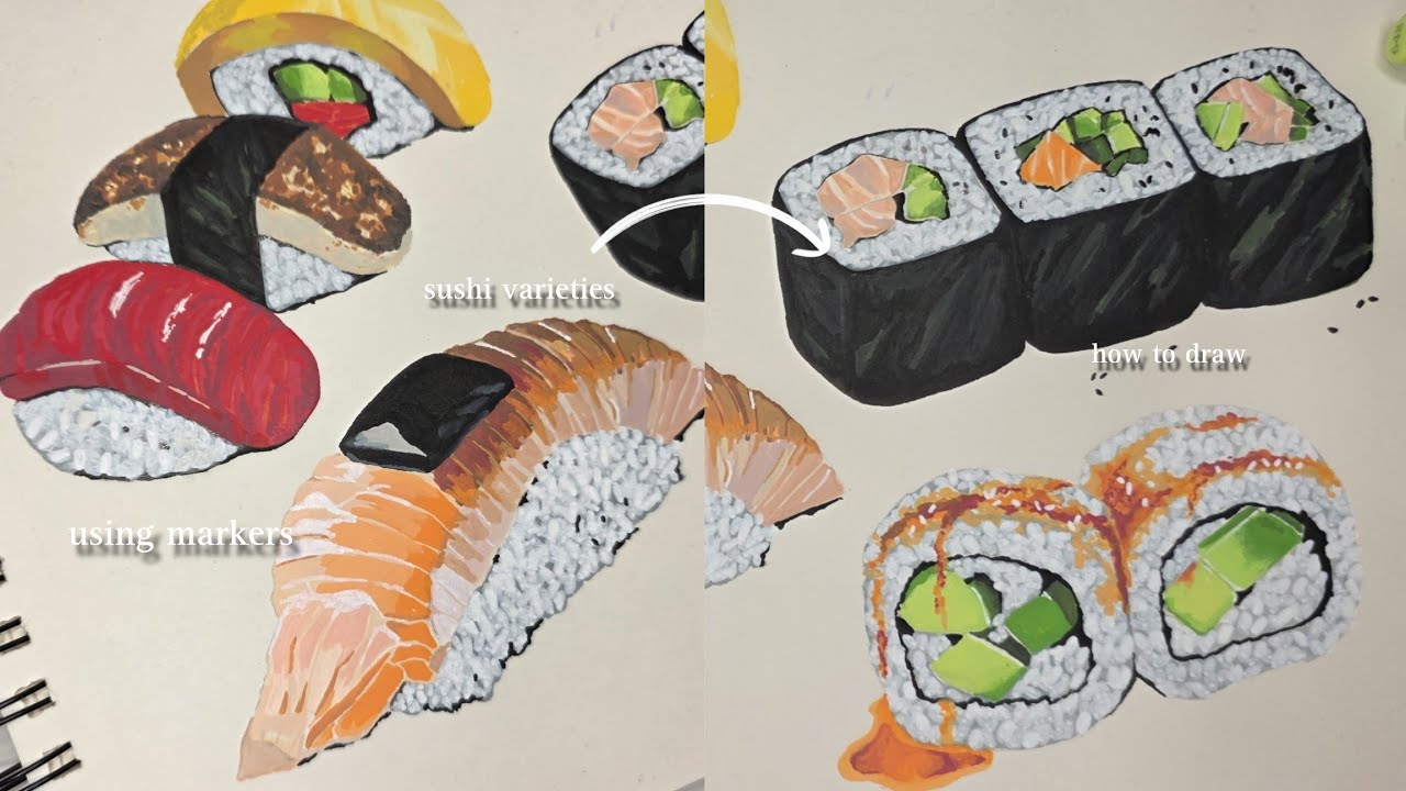 Draw with me ° how to draw with acrylic markers °○ sushi varieties 🍙🍣 chill vibes ▪︎°