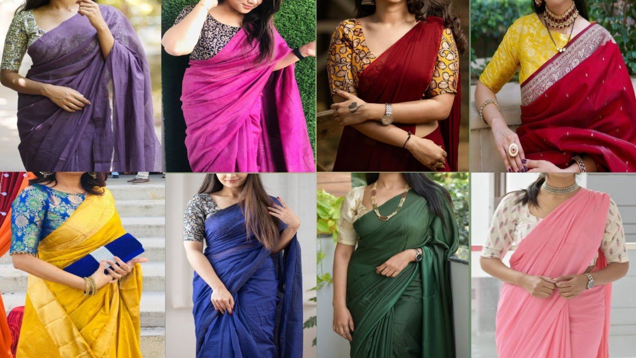 Plain Saree Blouse Colour combination ideas|Plain saree with printed blouse|Contrast saree blouses