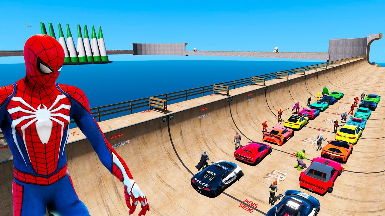 Explosive Gas Station Ramp in GTA 5: New & Insane! Spiderman and Friends  Sport Cars challenge!