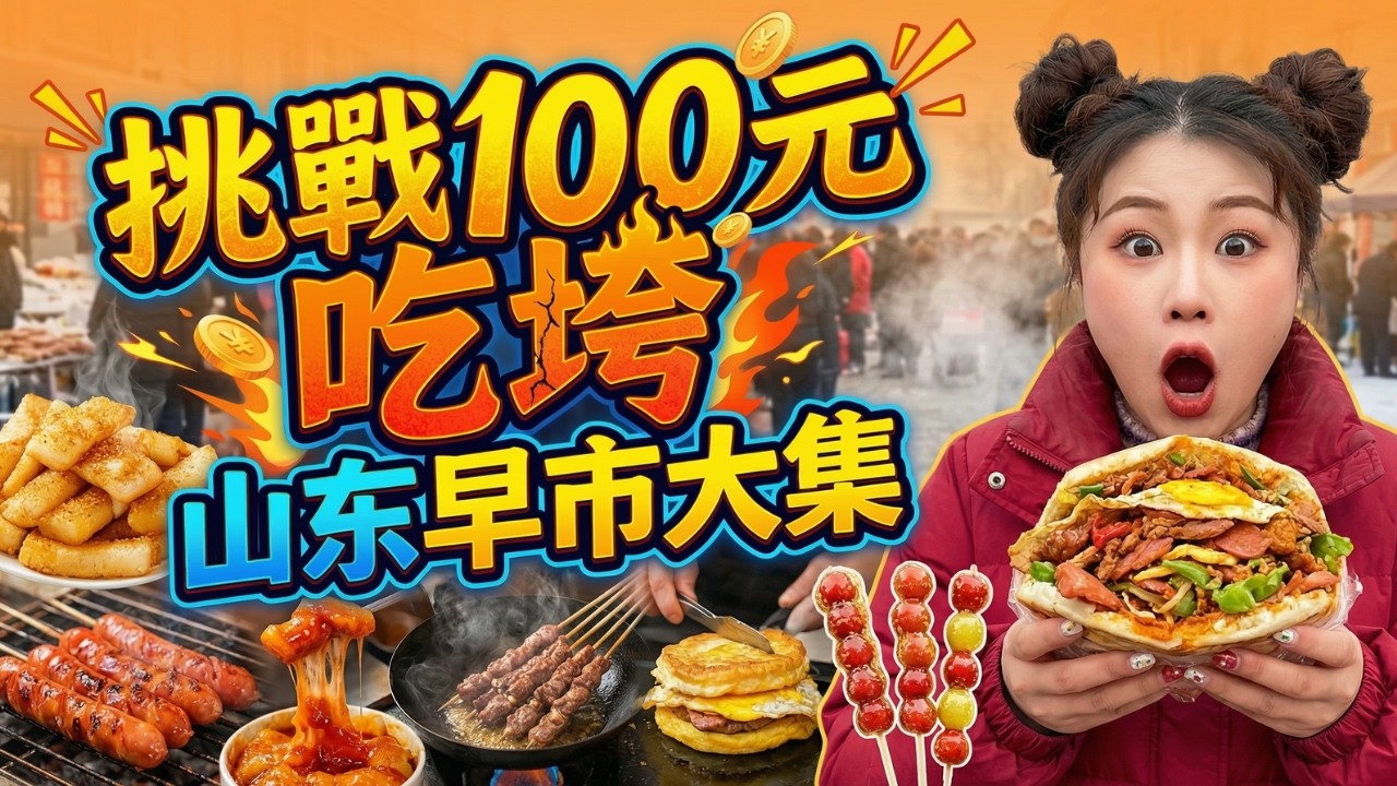 千萬別餓著肚子看！挑戰100元吃垮山東大集與哈爾濱早市，物價低到不敢信！1元烤串、2元豆腐、10元大肉包、爆料夾餅，烤甘蔗竟是洗潔精味？🥶🍖！100元根本吃不完，這才是人間煙火氣！