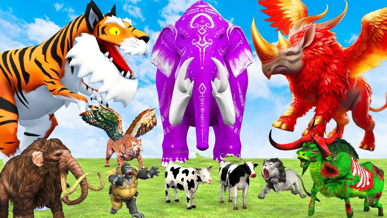 10 Mammoth Elephant vs 10 Elephant Rhino vs Giant Tiger Trex Fight Cow Lion Cow Saved Woolly Mammoth