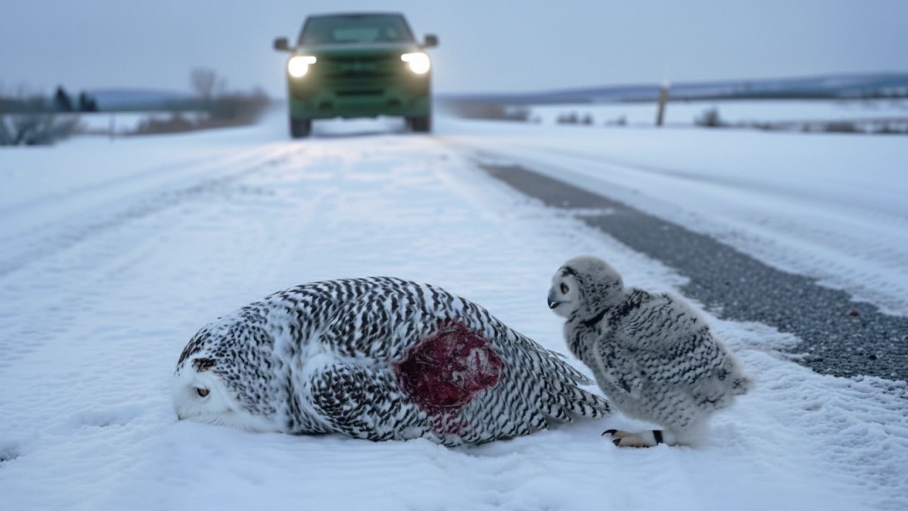 SAVING A SNOWY OWL AND ITS CHICK AFTER A ROAD ACCIDENT
