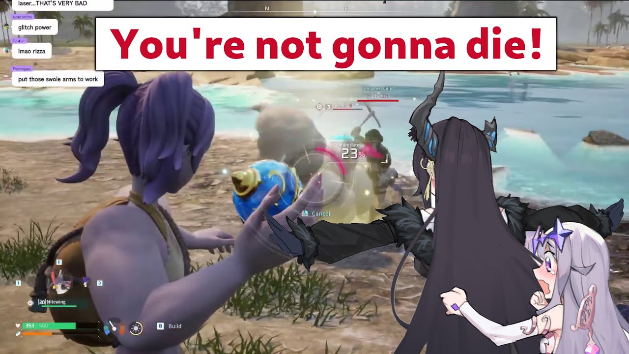 Nerissa helps Biboo catch a shiny Cremis in Palworld