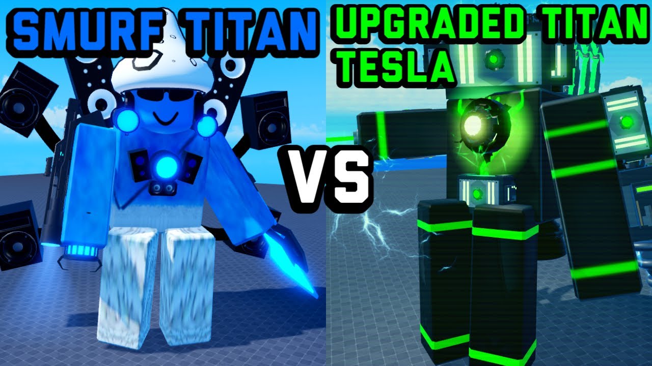 Smurf Titan vs upgraded Titan Tesla man | super box siege defense | Roblox who wins!?