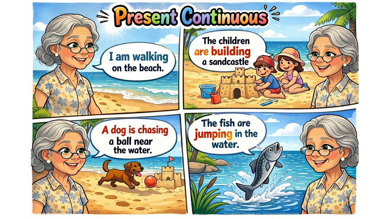 Learn English Present Continuous | Walking on the Beach 🌊 | Easy English Listening for Beginners