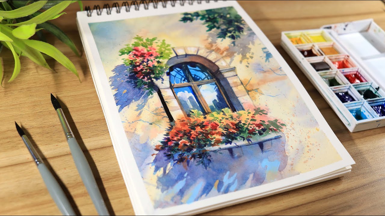 Watercolor painting of Beautiful flower tree and simple window