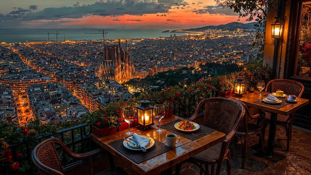Barcelona Balcony Caf&eacute; Jazz Evening ☕ Smooth Jazz Music with City Sunset View for Study, Focus