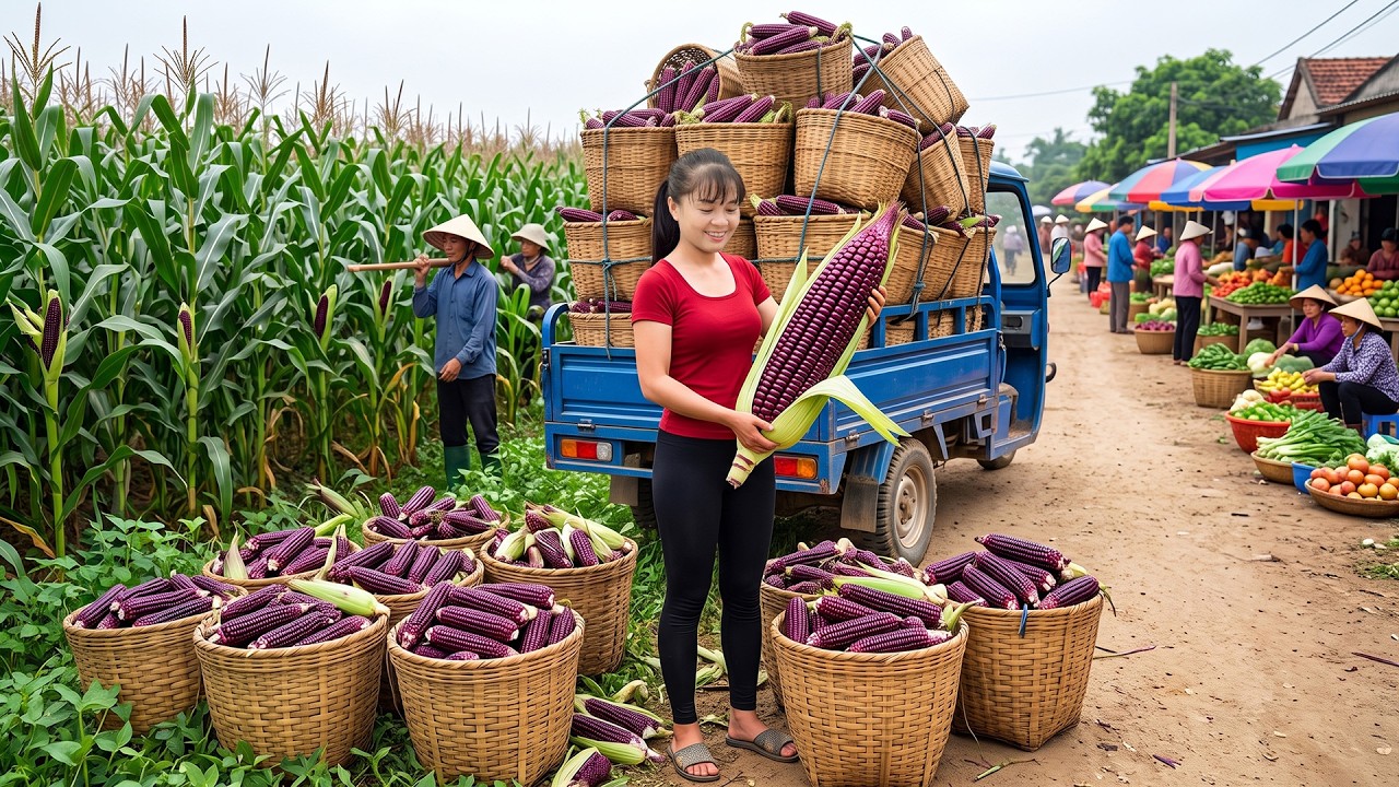 TIMELAPSE - Purple Corn Harvest With 3-Wheeled Truck | Huge Load Goes To Countryside Market Sell