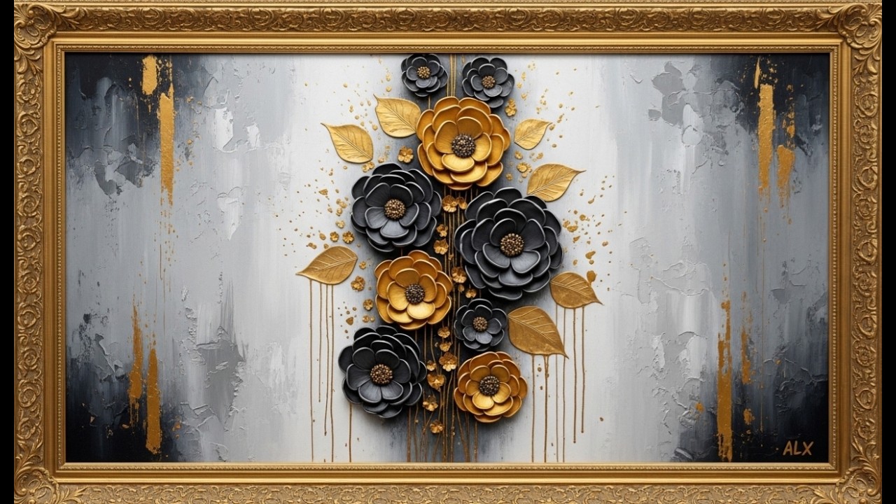 Frame TV Art: Luxurious Black & Gold Floral Abstract in Textured Elegance | 4K Ambient Art