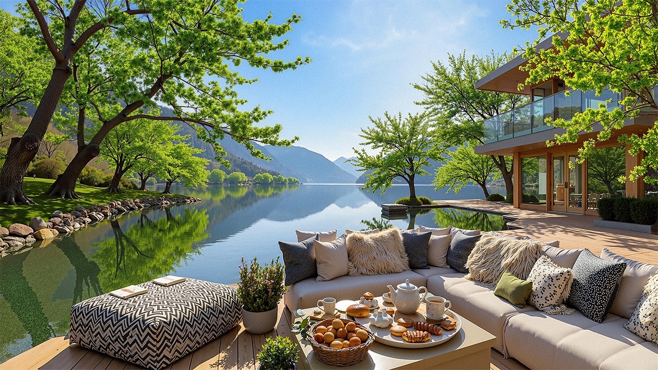 Tranquil Lakeside Jazz Living Space for Chill | Soft Jazz Music in Modern Cabin Atmosphere