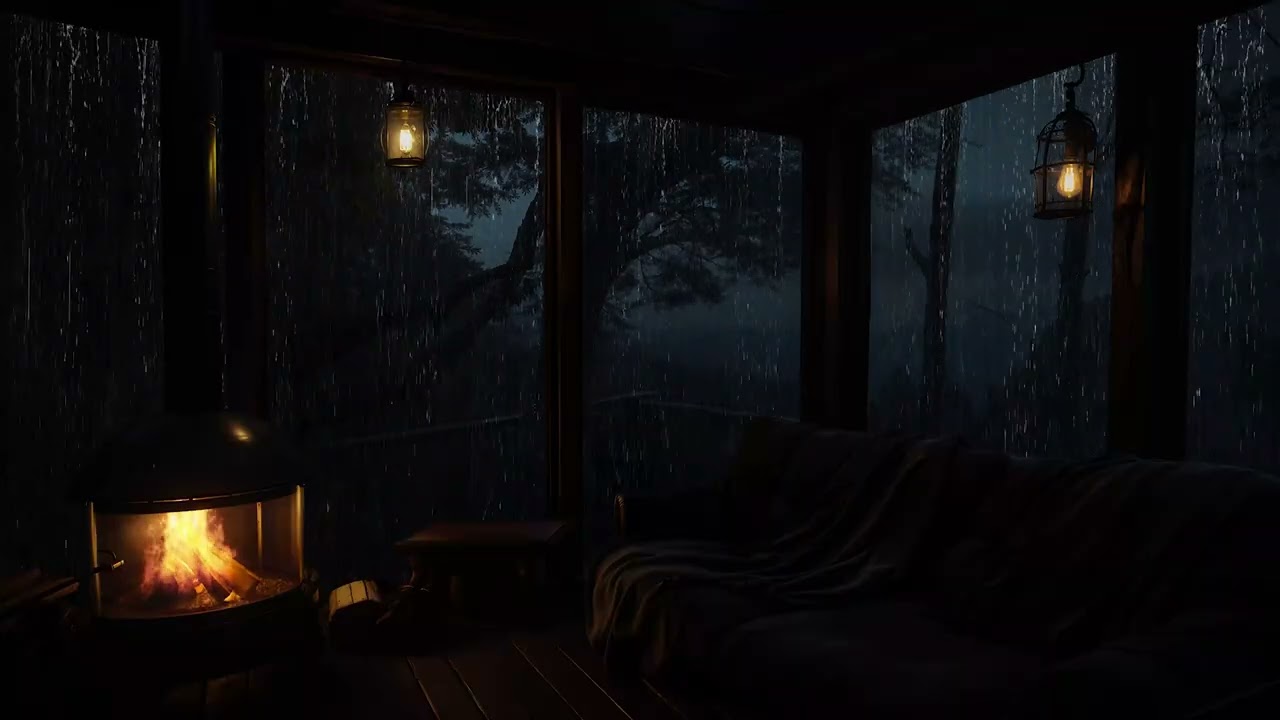 Rain on Cabin Window at Night Forest | Cozy Fireplace Ambience for Relaxing and Focus