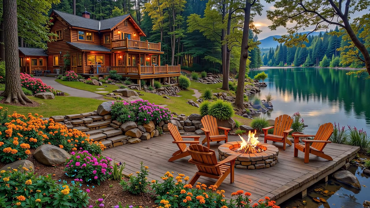 Calm Piano Music with Lakeside Cabin 🌺🔥 Relaxing Crackling Campfire & Birdsong for Study, Work
