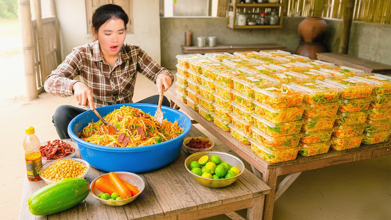 How to Make Sweet and Sour Salad from Papaya and Carrot - Bring them to Market to Sell with My Son