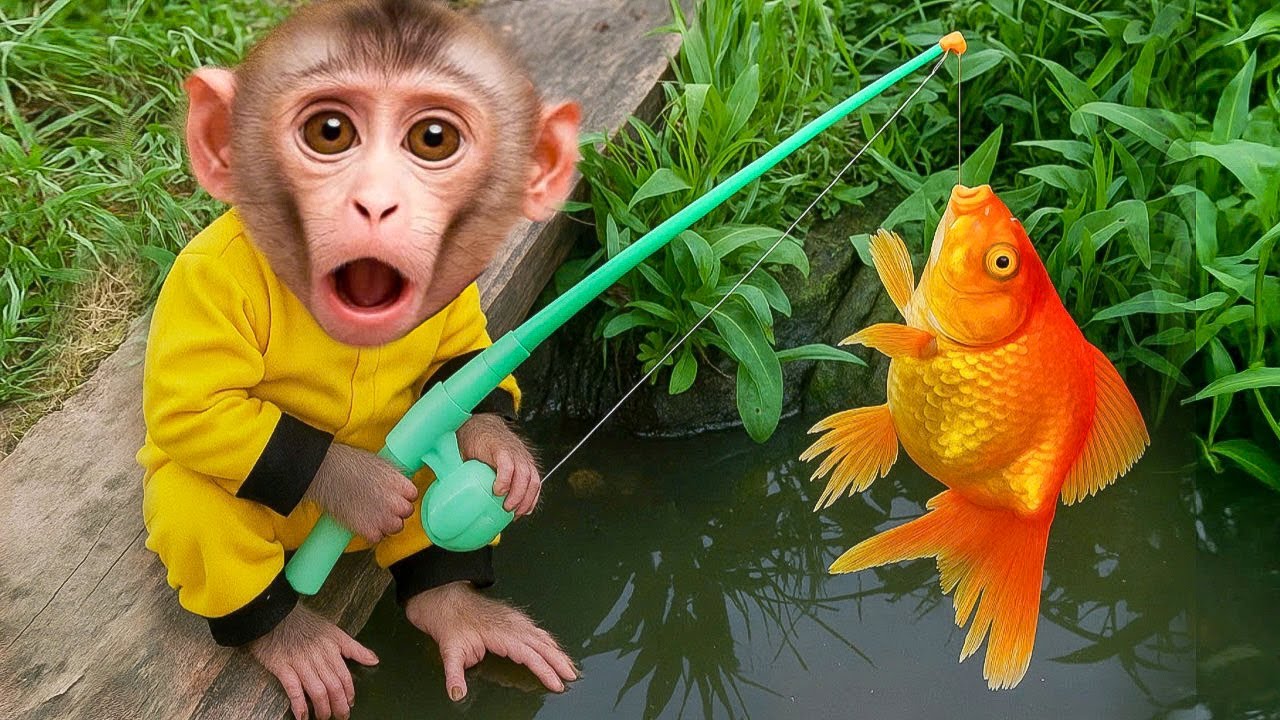 Baby Monkey Goes Fishing and Eats Fruit Super Cute - Mino At Home
