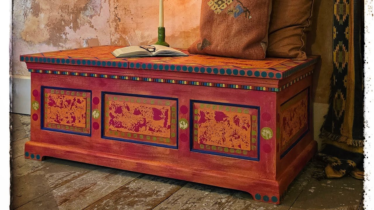 Handpainted bohemian storage box,  furniture art