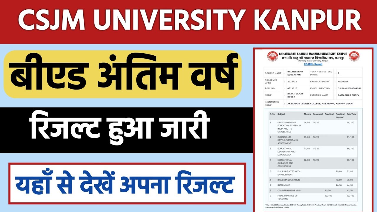 CSJM UNIVERSITY KANPUR LATEST NEWS TODAY | KANPUR UNIVERSITY BED RESULT 2022 NEWS | BED RESULT |