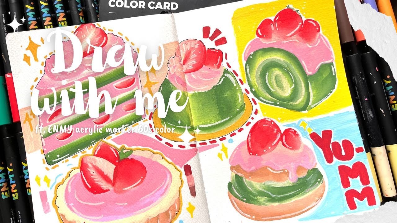 drawing simple dessert illustration using ENMY acrylic marker | green & soft pink edition 💚🌸🍰