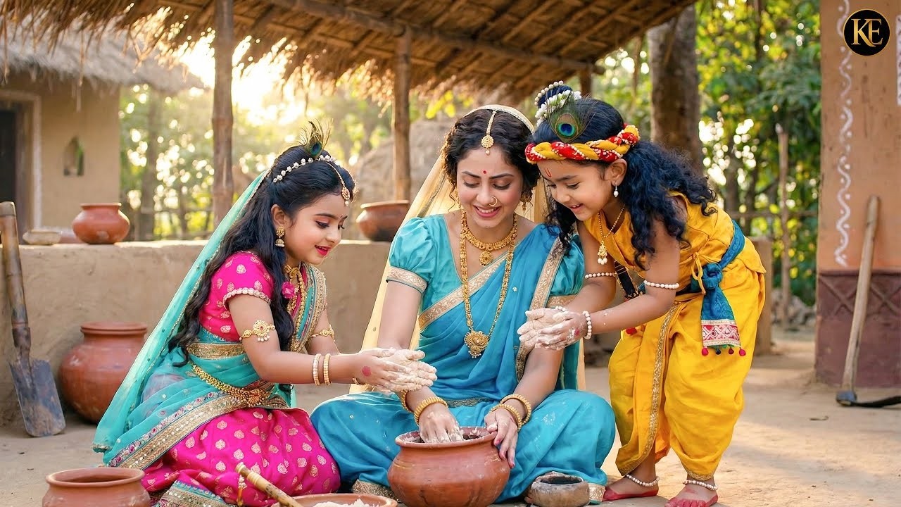 मैया संग माखन खाते बाल कान्हा और राधा || यशोमती मईया के नंदलाला || Shree Krishan leela ||