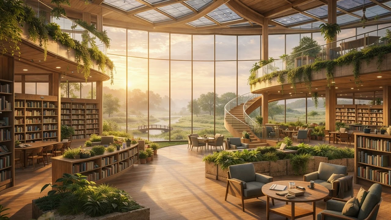 1 Hour Eco-Futuristic Library Ambience Peaceful Morning for Study Deep Focus Relaxation Mindful