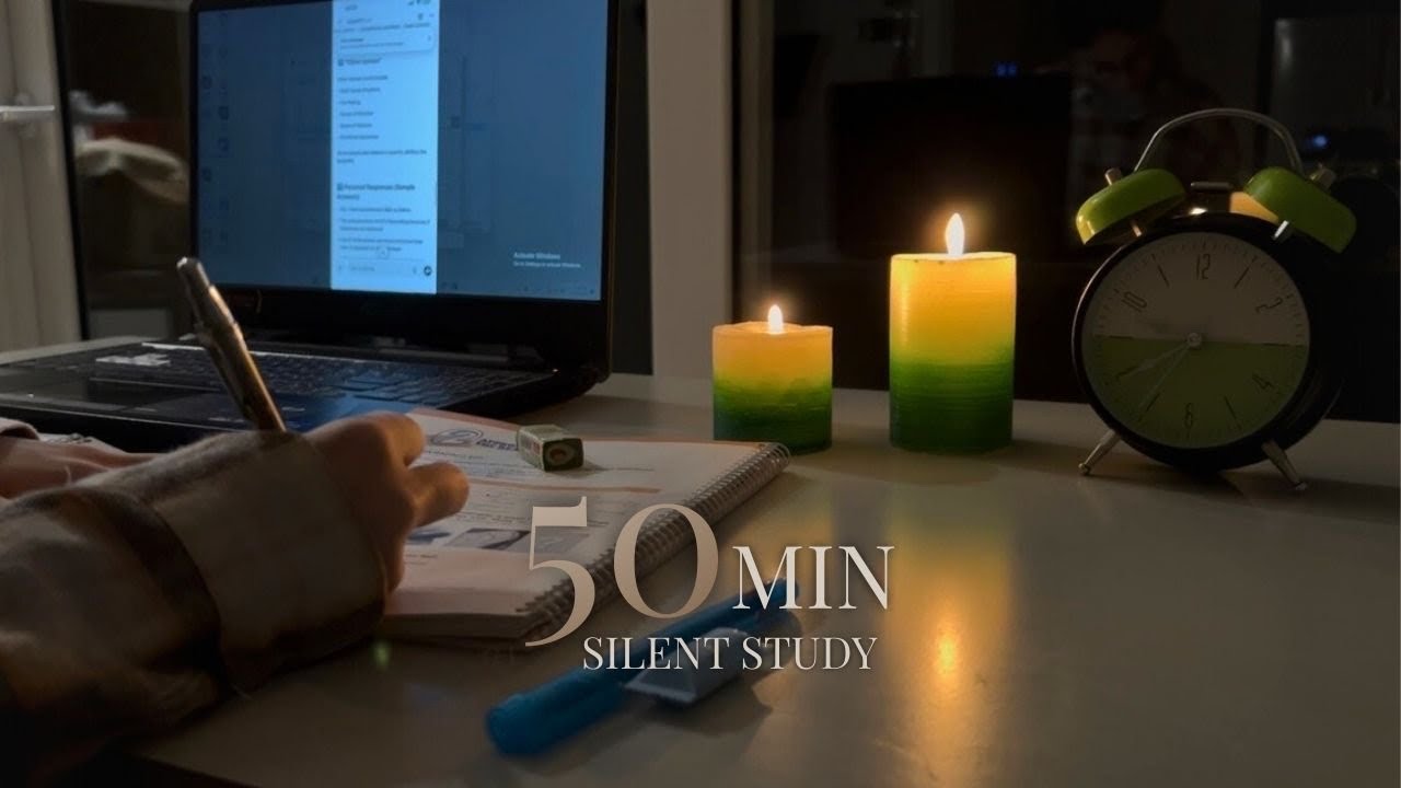 50 MIN Silent Study With Me | No Break | Calm Night Desk Setup