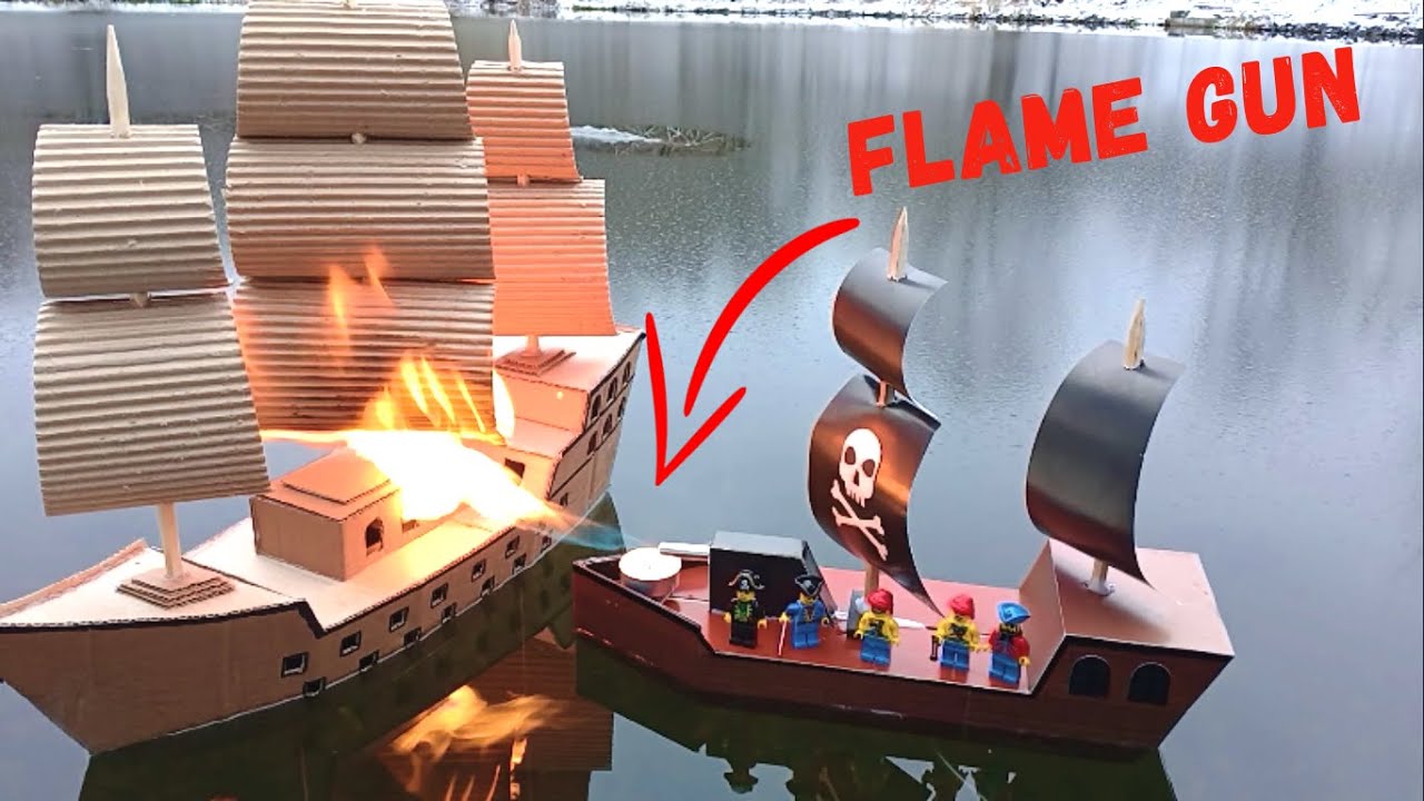 Lego pirates on a pirate ship with a powerful flamethrower cannon