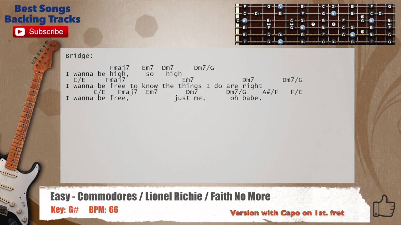 🎸 Easy - Commodores / Lionel Richie / Faith No More Guitar Backing Track with chords and lyrics