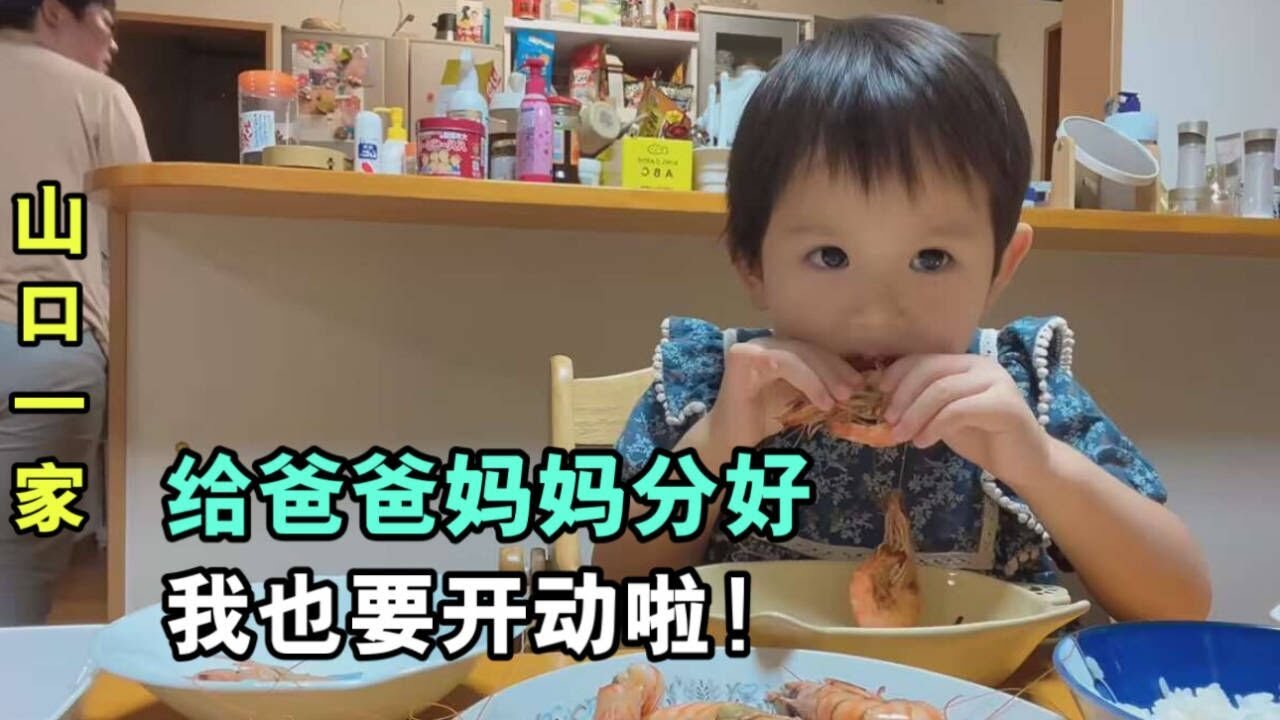 日本老公考試合格啦！喜娜給爸爸媽媽分蝦吃，小小年紀特別有主見